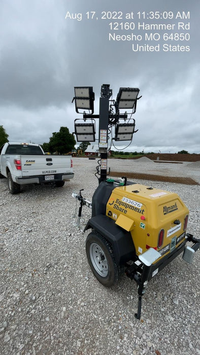 2022 Allmand NLV3GR (4) LED Light Fixture 350W, 23' Vertical Mast, 3kW Prime, Towable, Deep Sea L401, Leveling Jacks, Yanmar T4F 5.8hp