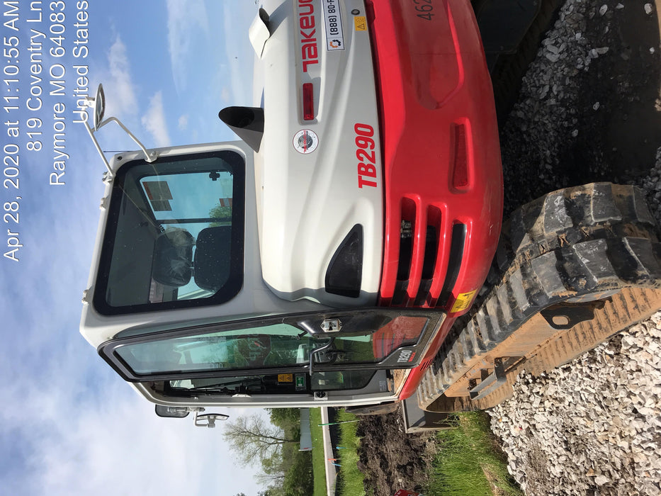 2019 Takeuchi TB290 Cab/Heat/AC Rubber tracks, Dozer blade, Travel alarm, Auxiliary hydraulics w/Manual QC, Hydraulic thumb, 18", 24", and 36" Buckets