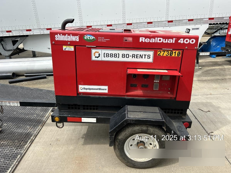 2022 Shindaiwa DGW400MDL Kubota D902 Engine, 23 HP, Dual Op Welder, Wire, Arc, Droop Stick, Tig, and CC Stick Functionality, Simulphase, 3 Phase and 1 Phase Gen Output, Single Axle NB Trlr, Slr Trckl Chrg 12V 12W, Fire Ext