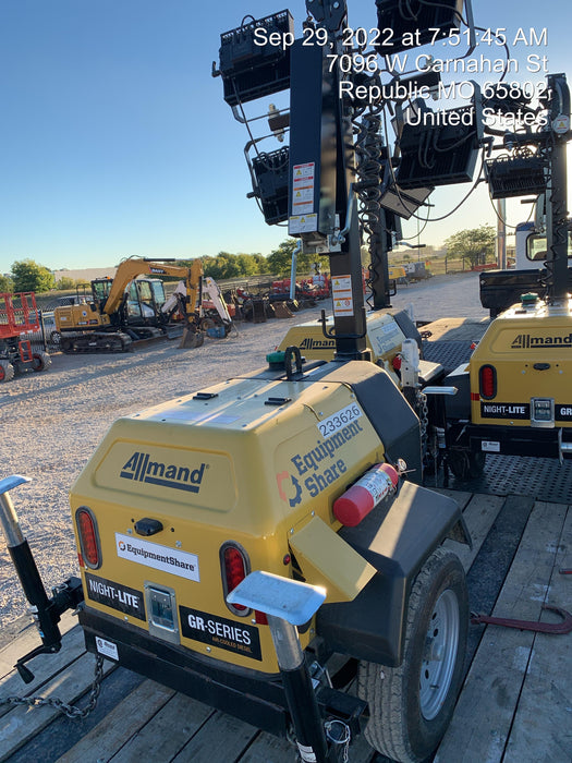 2022 Allmand NLV3GR (4) LED Light Fixture 350W, 23' Vertical Mast, 3kW Prime, Towable, Deep Sea L401, Leveling Jacks, Yanmar T4F 5.8hp