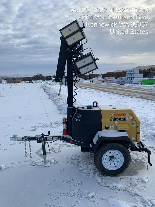 2021 Allmand NLV3GR (4) LED Light Fixture 350W, 23' Vertical Mast, 3kW Prime, Towable, Deep Sea L401, Leveling Jacks, Yanmar T4F 5.8hp