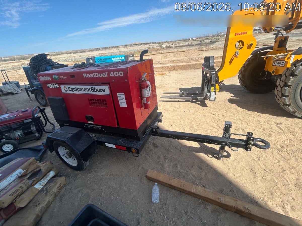2022 Shindaiwa DGW400MDL Kubota D902 Engine, 23 HP, Dual Op Welder, Wire, Arc, Droop Stick, Tig, and CC Stick Functionality, Simulphase, 3 Phase and 1 Phase Gen Output, Single Axle NB Trlr, Slr Trckl Chrg 12V 12W, Fire Ext