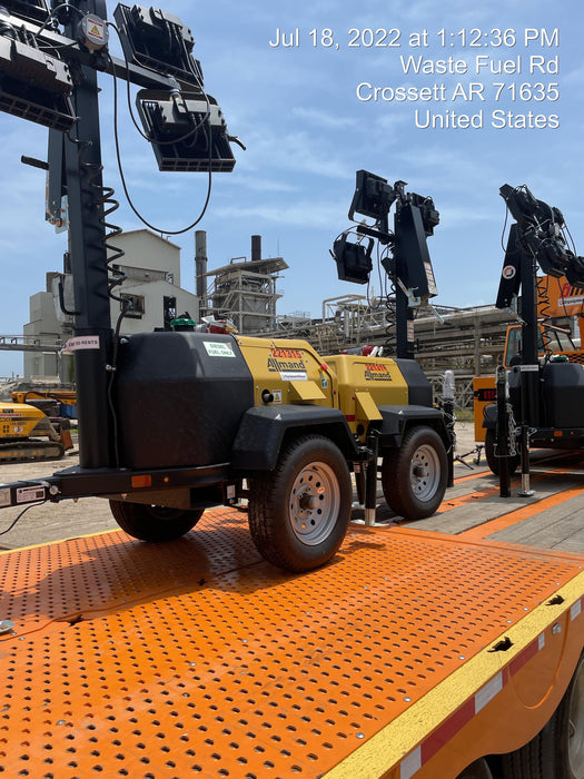 2022 Allmand NLV3GR (4) LED Light Fixture 350W, 23' Vertical Mast, 3kW Prime, Towable, Deep Sea L401, Leveling Jacks, Yanmar T4F 5.8hp