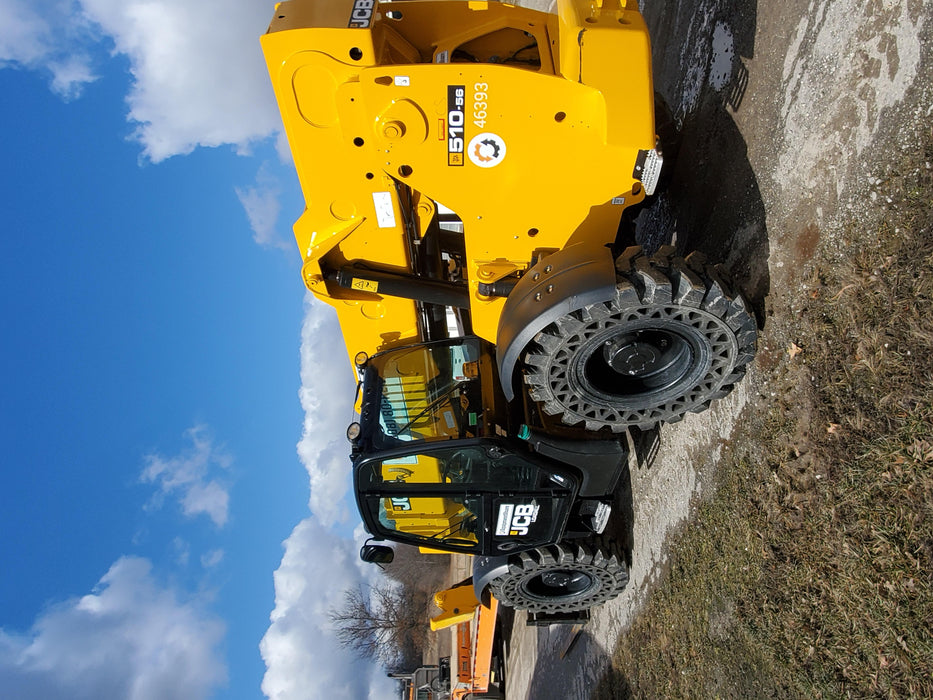 2019 JCB 510-56 Enclosed Cab, 74 HP, Solid Tires, Worklights, Beacon, Aux Hydraulics, Lifting Eye w/66" Carriage/60" Forks