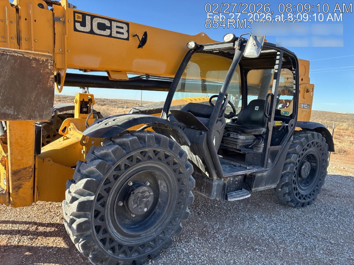 2019 JCB 510-56 Open ROPS, 74 HP, Solid Tires, Worklights, Beacon, Aux Hydraulics, Lifting Eye w/60" Carriage/60" Forks