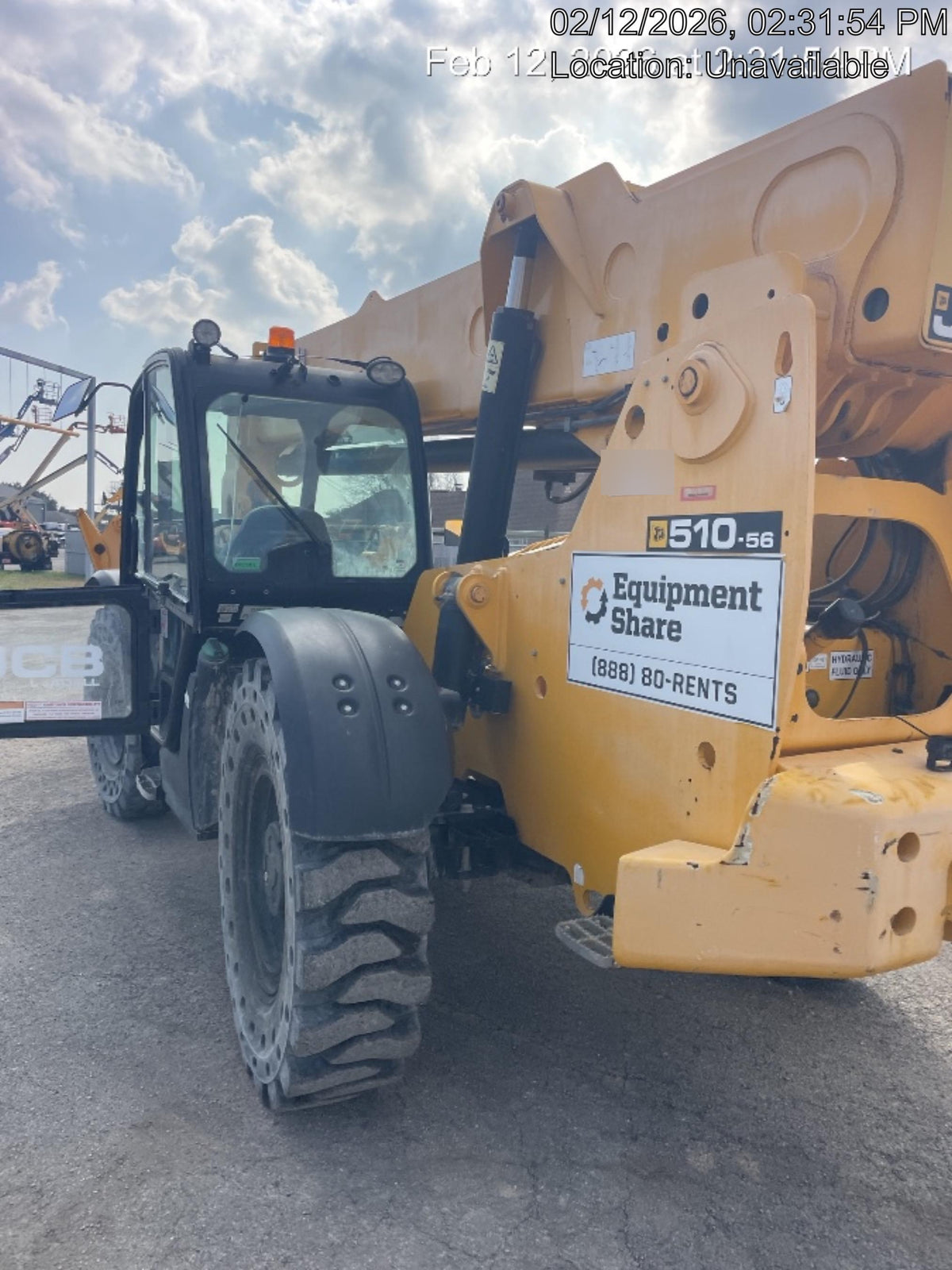 2019 JCB 510-56 74 HP w/CAB/HVAC, Beacon, Worklights, Aux Hydraulics, Solid Tires 66" Carriage/60" Forks