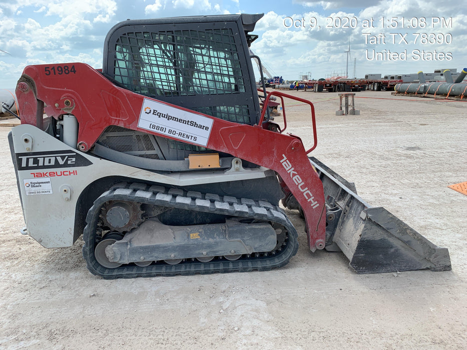 2019 Takeuchi TL10V2-CR Cab/Heat/AC, Rubber Tracks, Backup Alarm, Front & rear working Lights, Auxiliary Hydraulics, 2 Speed Travel, Engine Monitoring System, Hydraulic universal quick hitch w/76" HD smooth dirt bucket with bolt-on edge, 20.3 cubic feet capacity, 48" Pallet forks and frame