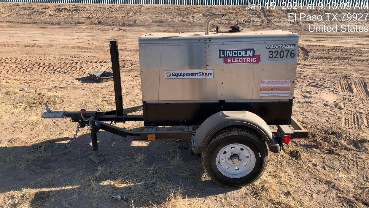 2019 Lincoln Electric Vantage 322 Welder Ready-Pak 3, Two wheel trailer, Fender and Light kit, Cable Rack