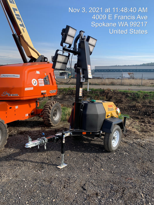 2021 Allmand NLV3GR (4) LED Light Fixture 350W, 23' Vertical Mast, 3kW Prime, Towable, Deep Sea L401, Leveling Jacks, Yanmar T4F 5.8hp