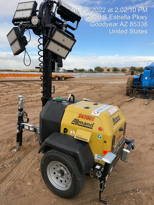 2022 Allmand NLV3GR (4) LED Light Fixture 350W, 23' Vertical Mast, 3kW Prime, Towable, ES Decals, T3
