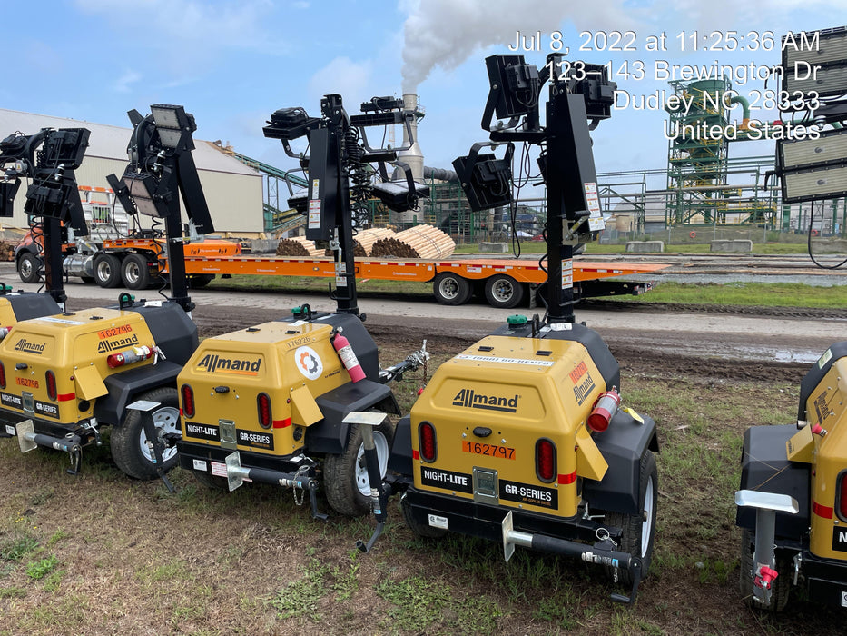 2021 Allmand NLV3GR (4) LED Light Fixture 350W, 23' Vertical Mast, 3kW Prime, Towable, Deep Sea L401, Leveling Jacks, Yanmar T4F 5.8hp