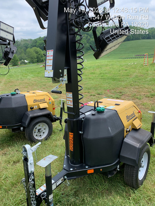 Allmand NLV3GR (4) LED Light Fixture 350W, 23' Vertical Mast, 3kW Prime, Towable, Deep Sea L401, Leveling Jacks, Yanmar T4F 5.8hp