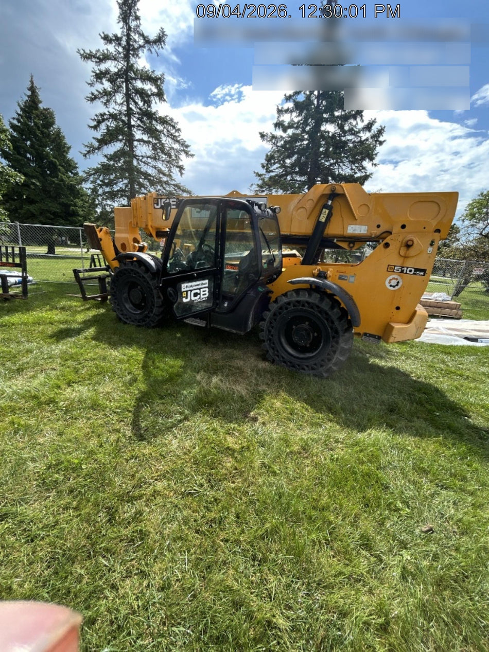 2020 JCB 510-56 Cab/Heat/Air, 74 HP, Solid Tires, STD Worklight, Beacon, Aux Hydraulics, Lifting Eye, Back up Alarm w/66" Carriage/60" Forks