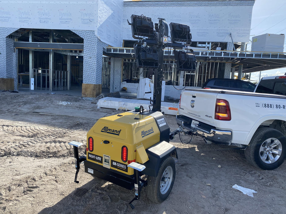 2022 Allmand NLV3GR (4) LED Light Fixture 350W, 23' Vertical Mast, 3kW Prime, Towable, Deep Sea L401, Leveling Jacks, Yanmar T4F 5.8hp