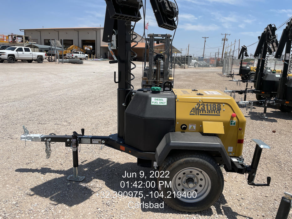 2022 Allmand NLV3GR (4) LED Light Fixture 350W, 23' Vertical Mast, 3kW Prime, Towable, Deep Sea L401, Leveling Jacks, Yanmar T4F 5.8hp