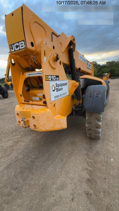 2019 JCB 510-56 Enclosed Cab, 74 HP, Solid Tires, Worklights, Beacon, Aux Hydraulics, Lifting Eye w/66" Carriage/60" Forks