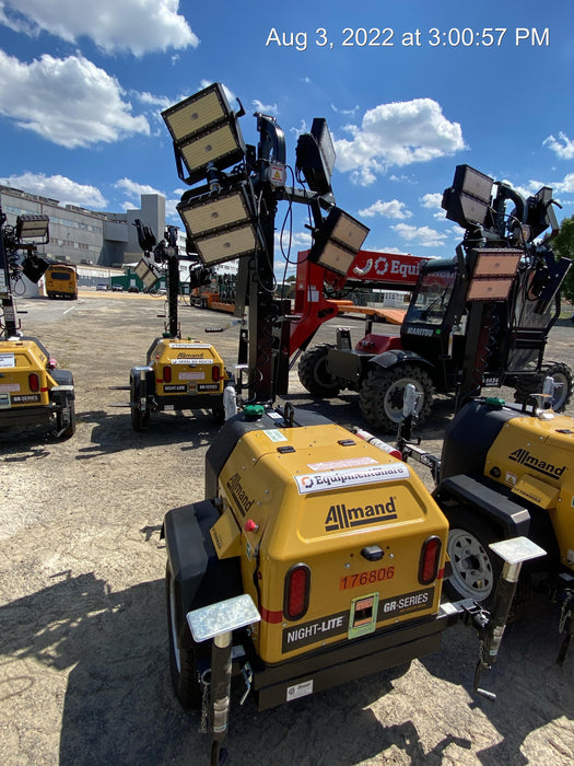 Allmand NLV3GR (4) LED Light Fixture 350W, 23' Vertical Mast, 3kW Prime, Towable, Deep Sea L401, Leveling Jacks, Yanmar T4F 5.8hp