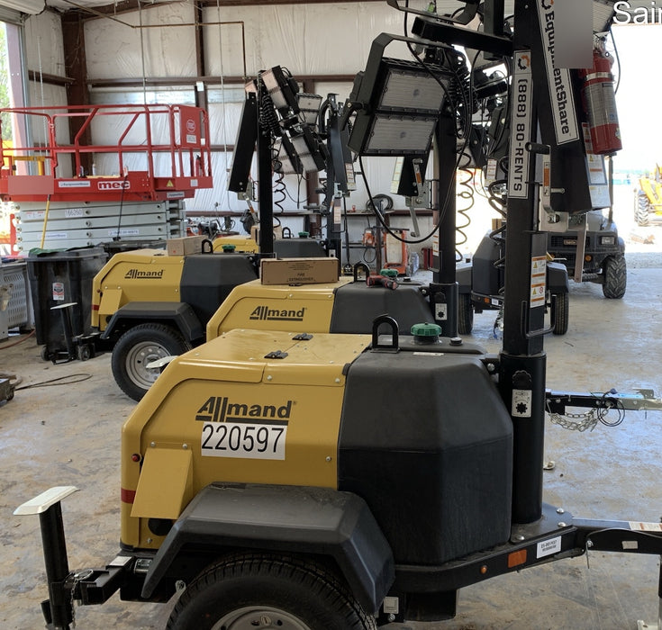 2022 Allmand NLV3GR (4) LED Light Fixture 350W, 23' Vertical Mast, 3kW Prime, Towable, Deep Sea L401, Leveling Jacks, Yanmar T4F 5.8hp