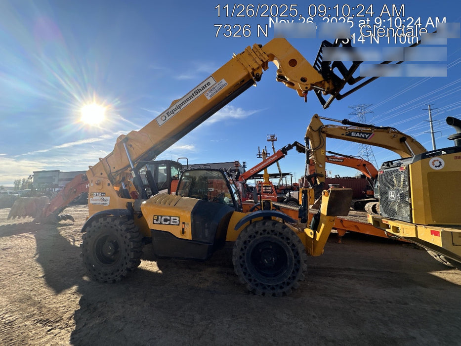 2019 JCB 512-56 74 HP w/CAB/HVAC, Beacon, Aux Hydraulics, Worklights, Solid Tires w/60" Carriage/Forks
