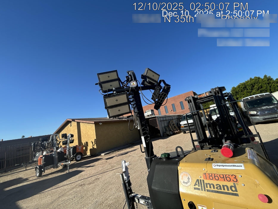 Allmand NLV3GR (4) LED Light Fixture 350W, 23' Vertical Mast, 3kW Prime, Towable, Deep Sea L401, Leveling Jacks, Yanmar T4F 5.8hp