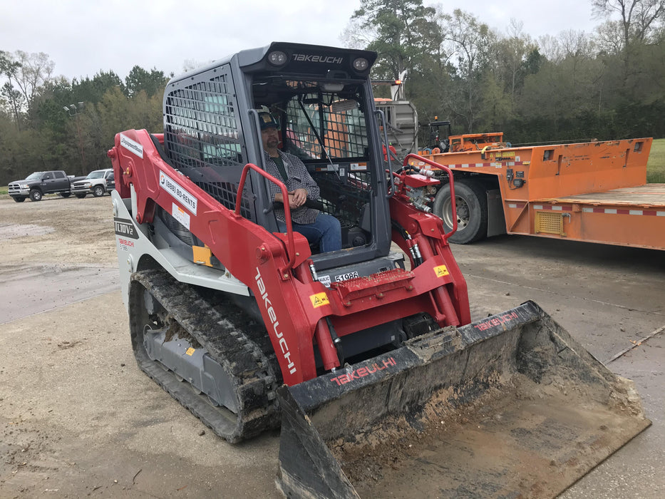 2019 Takeuchi TL10V2-CR Cab/Heat/AC, Rubber Tracks, Backup Alarm, Front & rear working Lights, Auxiliary Hydraulics, 2 Speed Travel, Engine Monitoring System, Hydraulic universal quick hitch w/76" HD smooth dirt bucket with bolt-on edge, 20.3 cubic feet capacity, 48" Pallet forks and frame