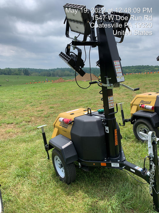 Allmand NLV3GR (4) LED Light Fixture 350W, 23' Vertical Mast, 3kW Prime, Towable, Deep Sea L401, Leveling Jacks, Yanmar T4F 5.8hp