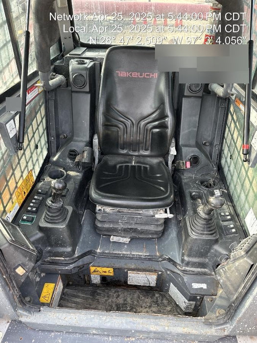 2019 Takeuchi TL10V2-CR Cab/Heat/AC, Rubber Tracks, Backup Alarm, Front & rear working Lights, Auxiliary Hydraulics, 2 Speed Travel, Engine Monitoring System, Hydraulic universal quick hitch w/76" HD smooth dirt bucket with bolt-on edge, 20.3 cubic feet capacity, 48" Pallet forks and frame