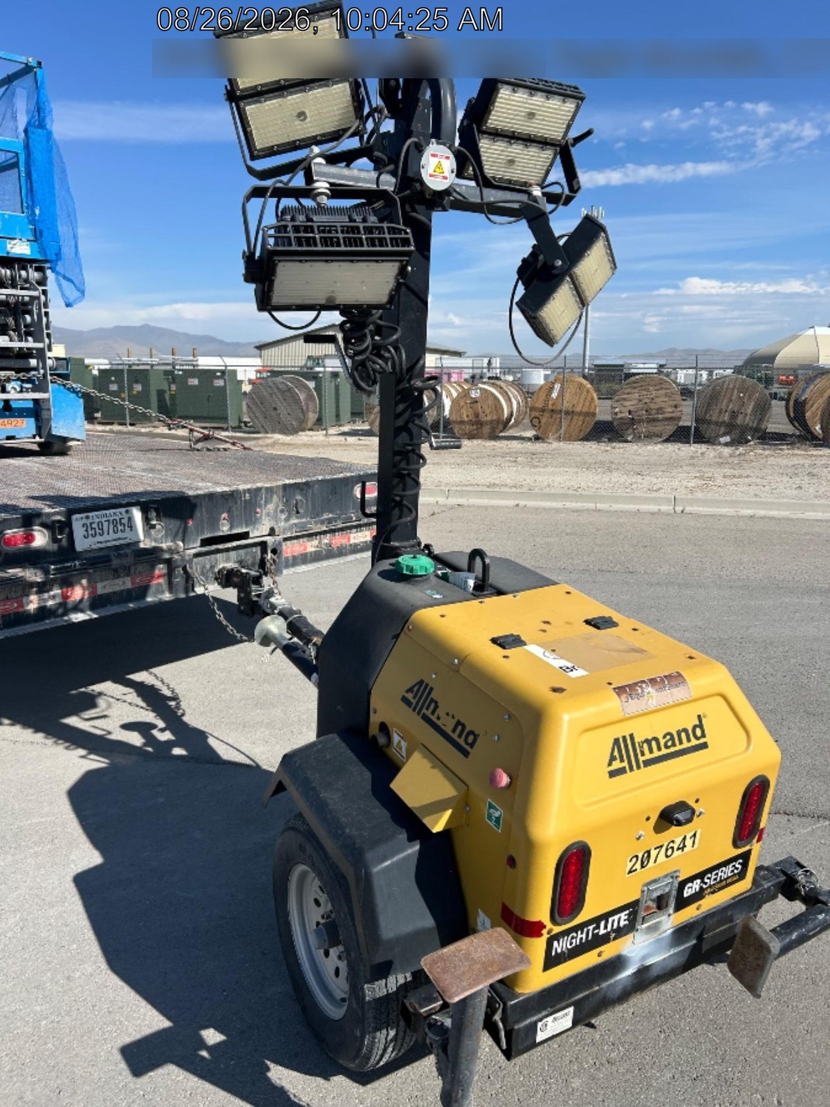 2022 Allmand NLV3GR (4) LED Light Fixture 350W, 23' Vertical Mast, 3kW Prime, Towable, Deep Sea L401, Leveling Jacks, Yanmar T4F 5.8hp