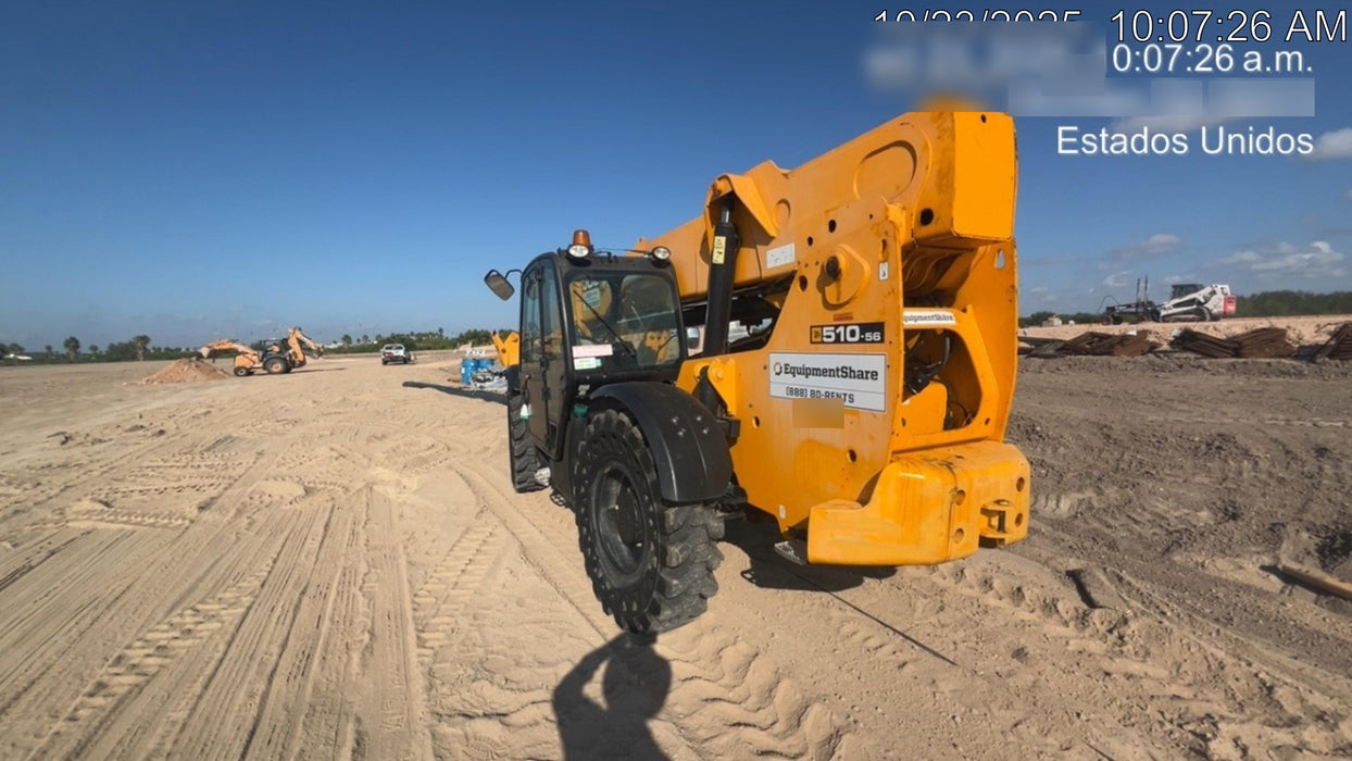 2019 JCB 510-56 74 HP w/CAB/HVAC, Beacon, Worklights, Aux Hydraulics, Solid Tires 66" Carriage/60" Forks