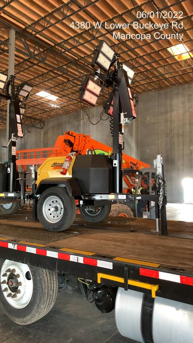 Allmand NLV3GR (4) LED Light Fixture 350W, 23' Vertical Mast, 3kW Prime, Towable, Deep Sea L401, Leveling Jacks, Yanmar T4F 5.8hp