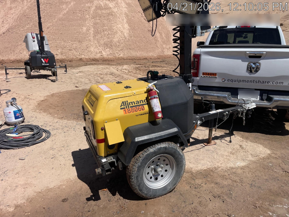 Allmand NLV3GR (4) LED Light Fixture 350W, 23' Vertical Mast, 3kW Prime, Towable, Deep Sea L401, Leveling Jacks, Yanmar T4F 5.8hp