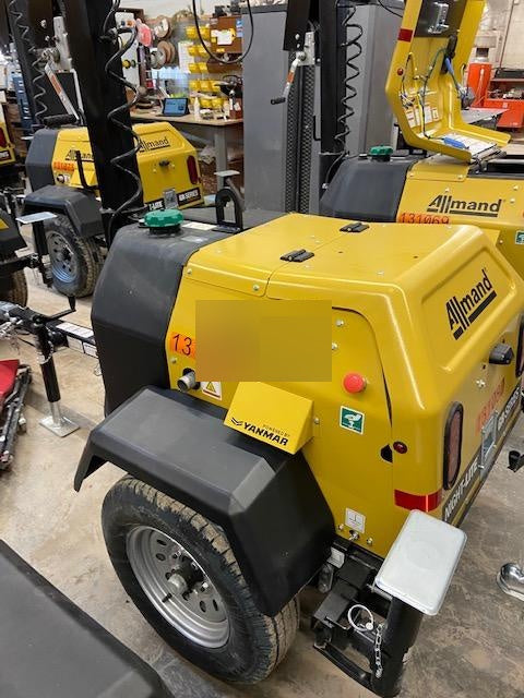2021 Allmand NLV3GR (4) LED Light Fixture 350W, 23' Vertical Mast, 3kW Prime, Towable, Deep Sea L401, Leveling Jacks, Yanmar T4F 5.8hp