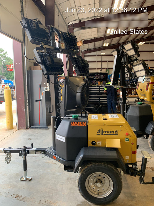 2022 Allmand NLV3GR (4) LED Light Fixture 350W, 23' Vertical Mast, 3kW Prime, Towable, Deep Sea L401, Leveling Jacks, Yanmar T4F 5.8hp