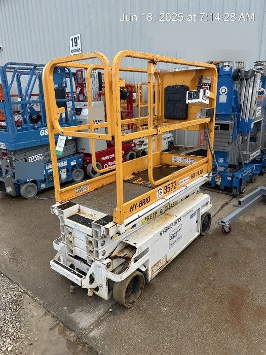 Custom Equipment HB-1430 Hy-Brid Scissor Lift
Platform capacity up to 670 lbs
Working height up to 20 ft
Weighs under 1,700 lbs
Non-marking wheels