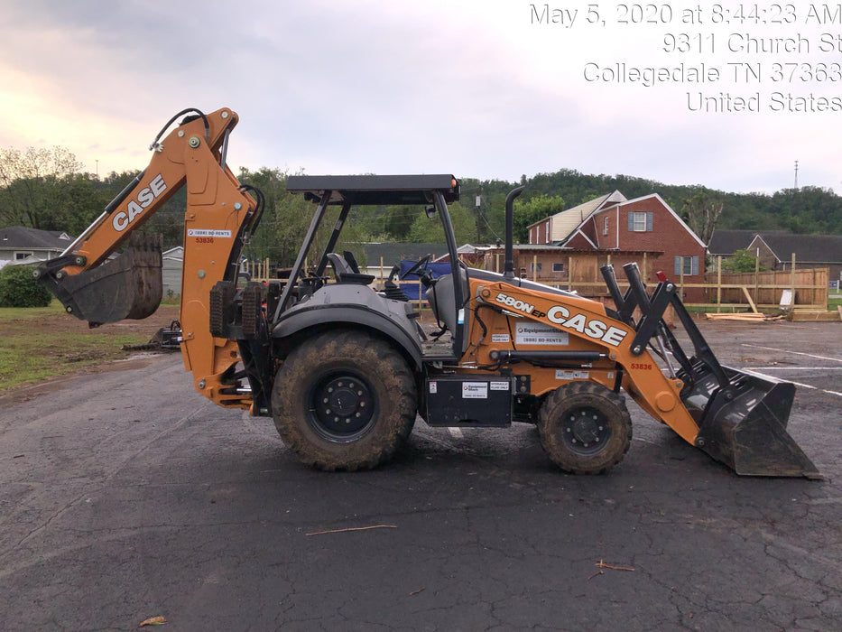 2019 Case 580N EP Canopy, 4WD, 1-Way Aux Hydraulics, Pilot Controls, Ride Control and Loader Aux Hydraulics, 900 LB. Front CWT, 82" HD LONG LIP (1 CU. YD.) W/BOCE AND LIFT EYES, FLIP OVER/STABILIZER PADS COMB