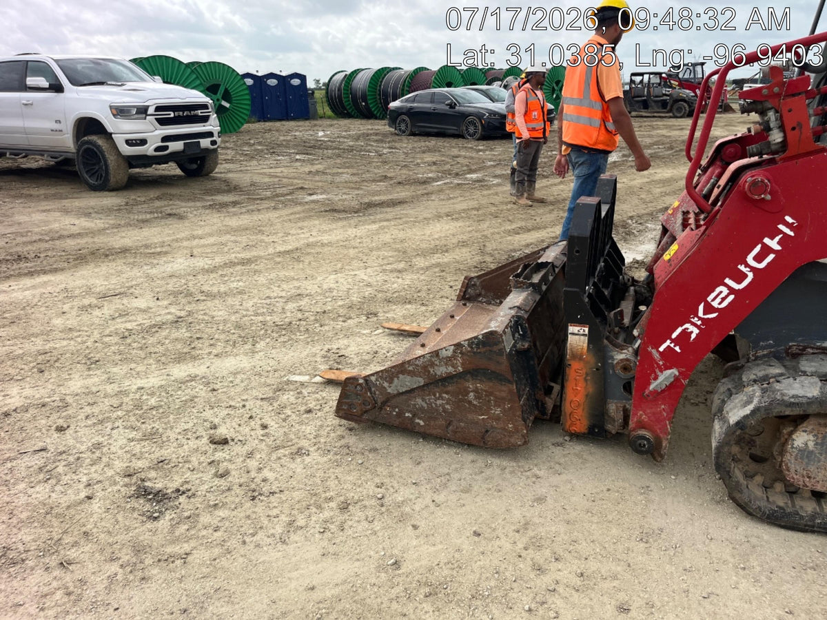 2019 Takeuchi TL10V2-CR Cab/Heat/AC, Rubber Tracks, Backup Alarm, Front & rear working Lights, Auxiliary Hydraulics, 2 Speed Travel, Engine Monitoring System, Hydraulic universal quick hitch w/76" HD smooth dirt bucket with bolt-on edge, 20.3 cubic feet capacity, 48" Pallet forks and frame