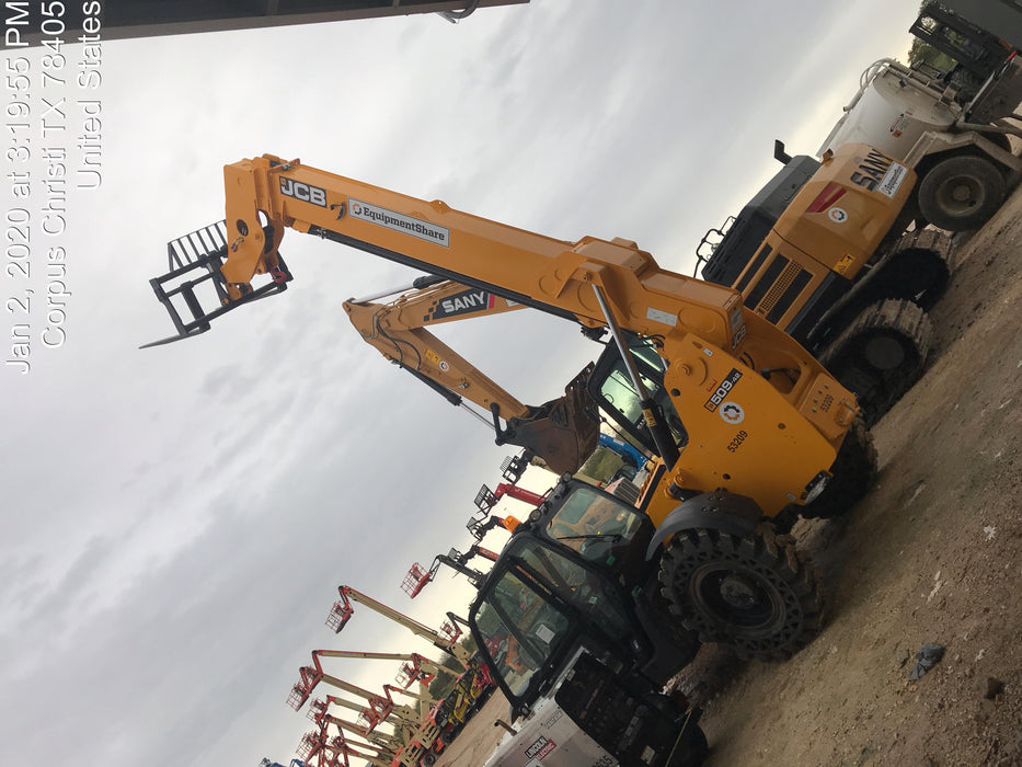 2019 JCB 509-42 Cab/Heat/Air, 74 HP, Solid Tires, STD Worklight, Beacon, Aux Hydraulics, Lifting Eye, Back up Alarm w/66" Carriage/60" Forks