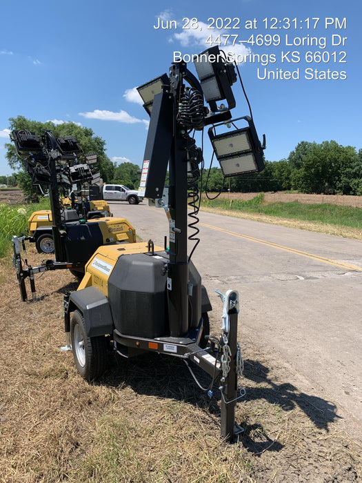 2022 Allmand NLV3GR (4) LED Light Fixture 350W, 23' Vertical Mast, 3kW Prime, Towable, Deep Sea L401, Leveling Jacks, Yanmar T4F 5.8hp