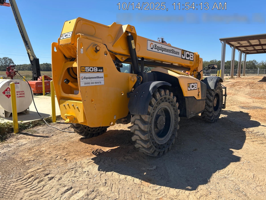 2019 JCB 509-42 Open ROPS, 74 HP, Solid Tires, Worklights, Beacon, Aux Hydraulics, Lifting Eye 66" Carriage/60" Forks