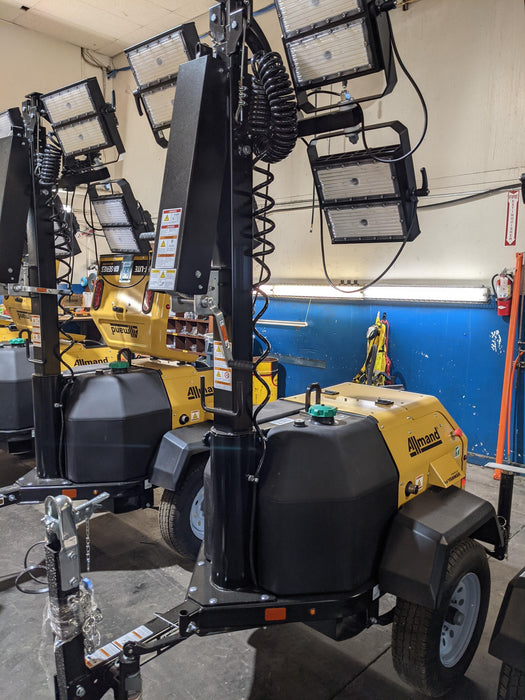 2021 Allmand NLV3GR (4) LED Light Fixture 350W, 23' Vertical Mast, 3kW Prime, Towable, Deep Sea L401, Leveling Jacks, Yanmar T4F 5.8hp