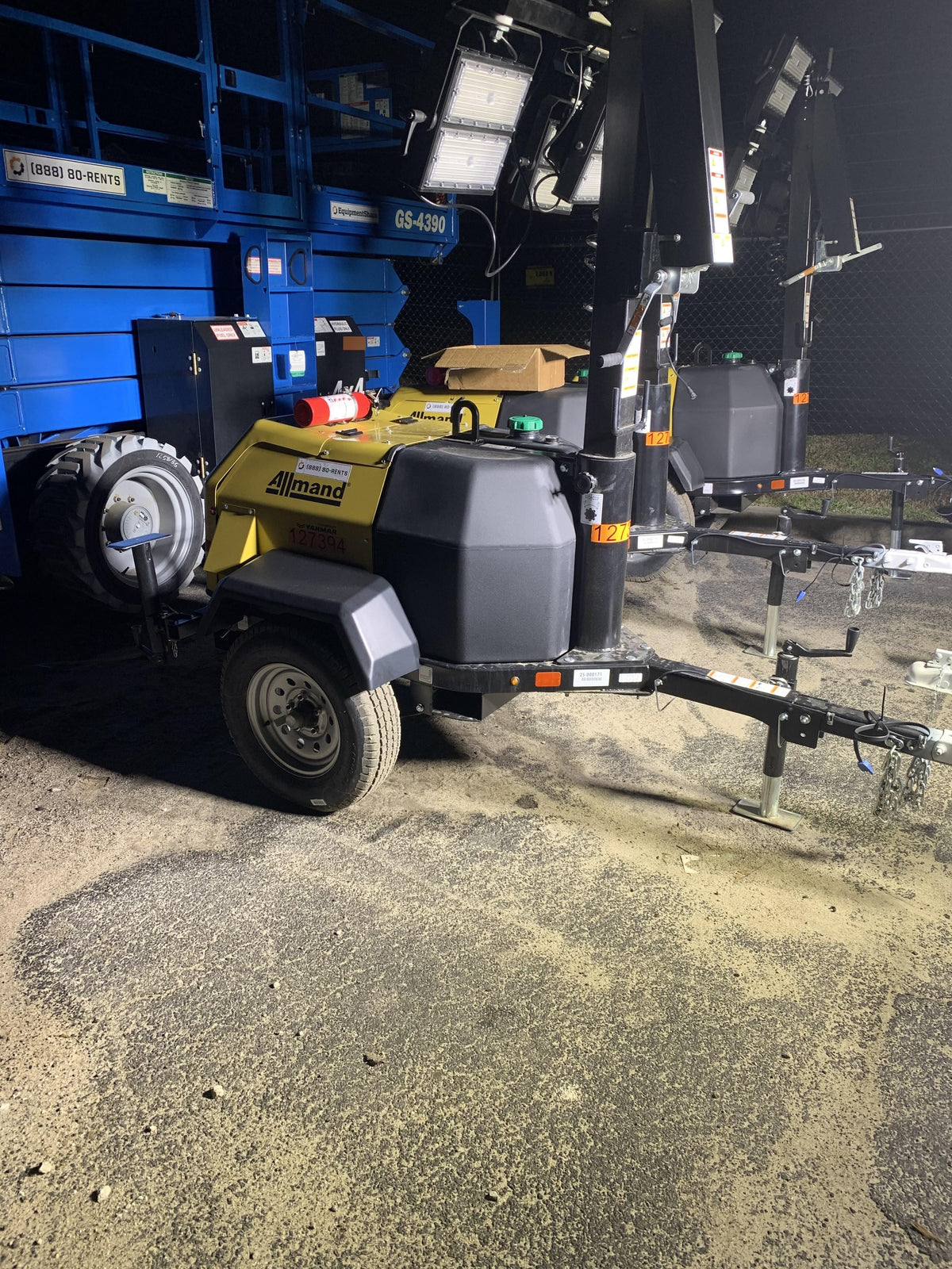 2021 Allmand NLV3GR (4) LED Light Fixture 350W, 23' Vertical Mast, 3kW Prime, Towable, Deep Sea L401, Leveling Jacks, Yanmar T4F 5.8hp