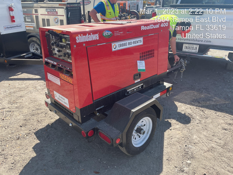 2023 Shindaiwa DGW400MDL Kubota D902 Engine, 23 HP, Dual Op Welder, Wire, Arc, Droop Stick, Tig, and CC Stick Functionality, Simulphase, 3 Phase and 1 Phase Gen Output, Single Axle NB Trlr, Slr Trckl Chrg 12V 12W, Fire Ext