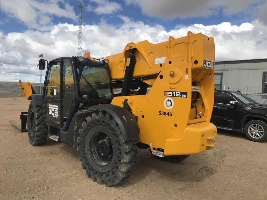 2019 JCB 512-56 Cab/Heat/Air, 109 HP, Solid Tires, STD Worklight, Beacon, Aux Hydraulics, Lifting Eye, Back up Alarm w/66" Carriage/60" Forks