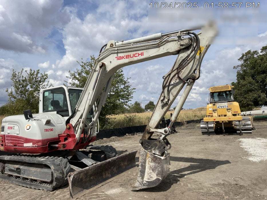 2019 Takeuchi TB290 Cab/Heat/AC Rubber tracks, Dozer blade, Travel alarm, Auxiliary hydraulics Manual QC, Hydraulic thumb, 18", 24", and 36" Buckets