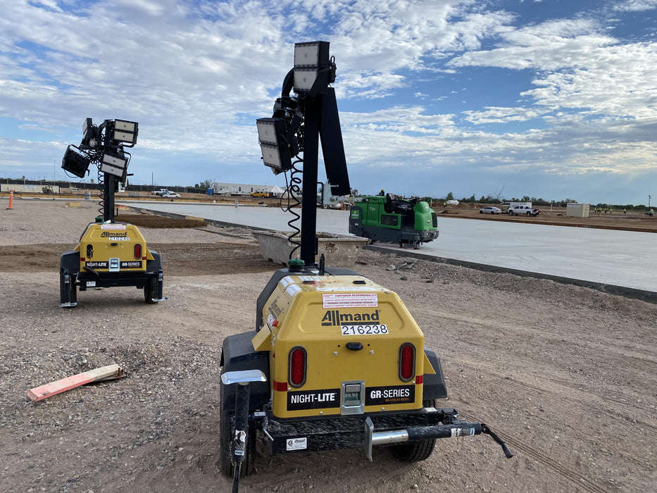 2022 Allmand NLV3GR (4) LED Light Fixture 350W, 23' Vertical Mast, 3kW Prime, Towable, Deep Sea L401, Leveling Jacks, Yanmar T4F 5.8hp