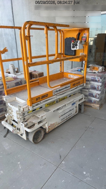 Custom Equipment HB-1430 <ul>
 <li>Hy-Brid Scissor Lift</li>
  <li>Platform capacity up to 670 lbs.</li>
  <li>Working height up to 20 ft</li>
  <li>Weighs under 1,700 lbs.</li>
  <li>Non-marking wheels </li>
</ul>