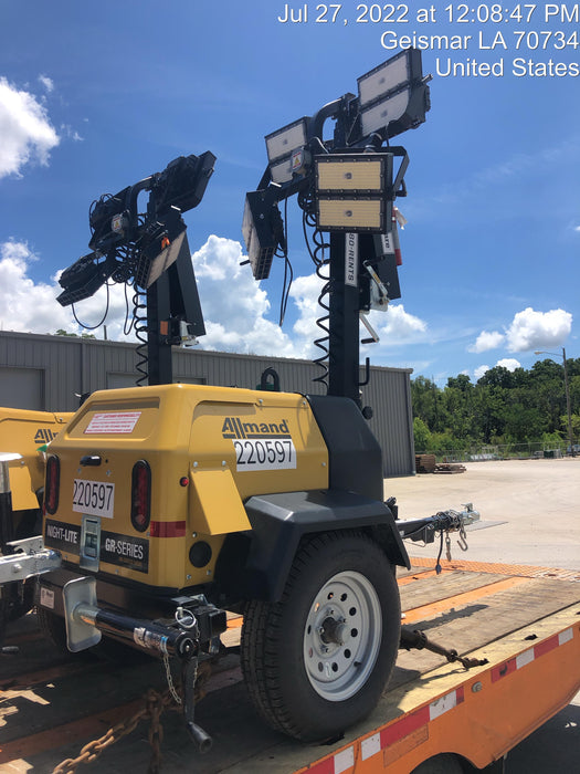 2022 Allmand NLV3GR (4) LED Light Fixture 350W, 23' Vertical Mast, 3kW Prime, Towable, Deep Sea L401, Leveling Jacks, Yanmar T4F 5.8hp