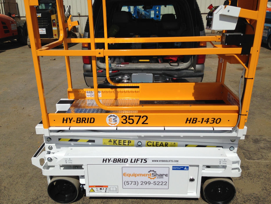 Custom Equipment HB-1430 Hy-Brid Scissor Lift
Platform capacity up to 670 lbs
Working height up to 20 ft
Weighs under 1,700 lbs
Non-marking wheels
