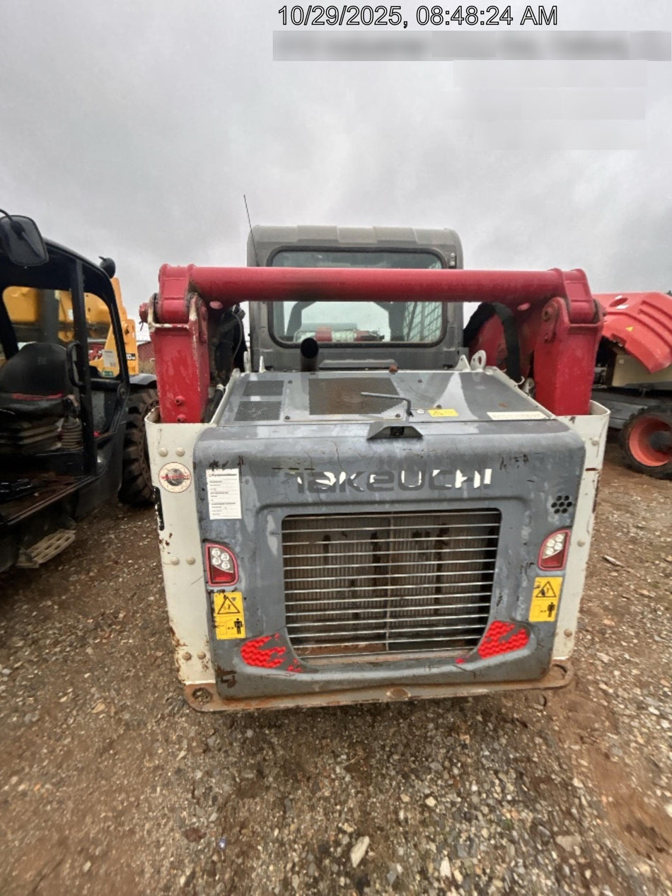 2019 Takeuchi TL10V2-CR Cab/Heat/AC, Rubber Tracks, Backup Alarm, Front & rear working Lights, Auxiliary Hydraulics, 2 Speed Travel, Engine Monitoring System, Hydraulic universal quick hitch w/76" HD dirt bucket with 8 teeth, 20.3 cubic feet capacity, 48" Pallet forks and frame