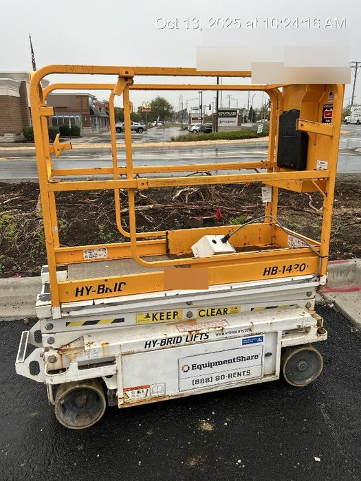 Custom Equipment HB-1430 Hy-Brid Scissor Lift
Platform capacity up to 670 lbs
Working height up to 20 ft
Weighs under 1,700 lbs
Non-marking wheels